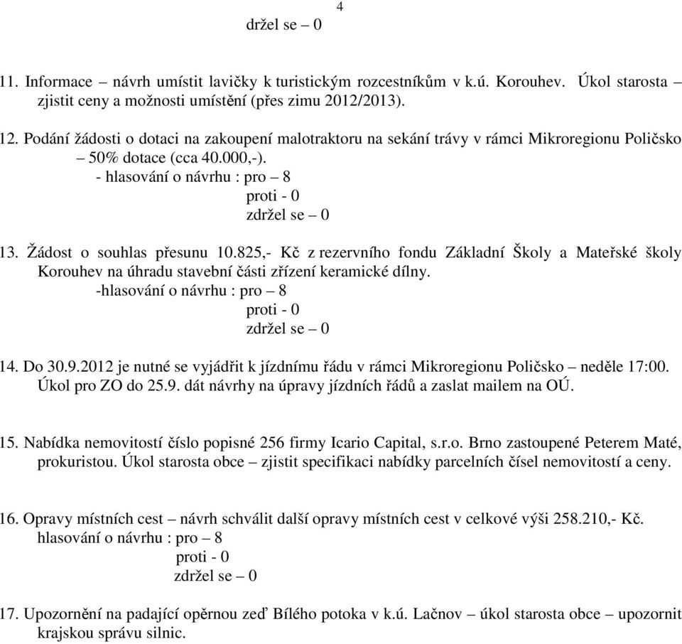 825,- Kč z rezervního fondu Základní Školy a Mateřské školy Korouhev na úhradu stavební části zřízení keramické dílny. -hlasování o návrhu : pro 8 14. Do 30.9.