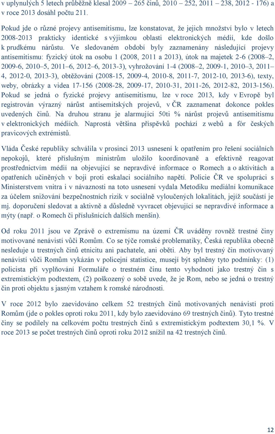 Ve sledovaném období byly zaznamenány následující projevy antisemitismu: fyzický útok na osobu 1 (2008, 2011 a 2013), útok na majetek 2-6 (2008 2, 2009-6, 2010 5, 2011 6, 2012 6, 2013-3), vyhrožování