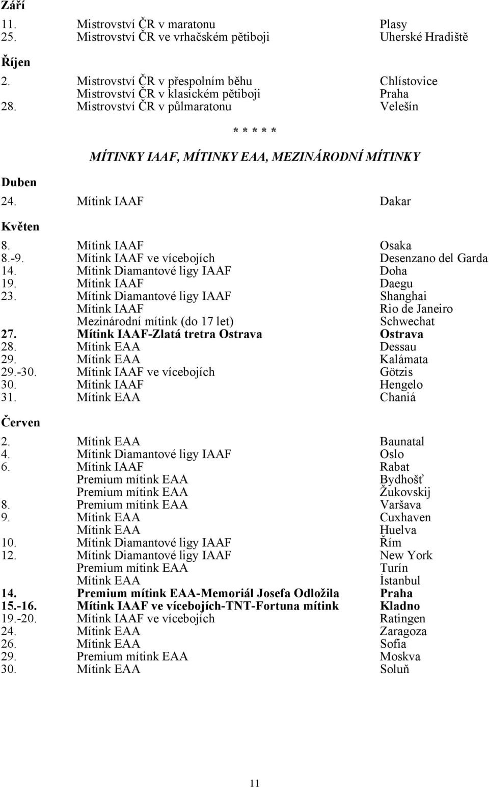 Mítink IAAF ve vícebojích Desenzano del Garda 14. Mítink Diamantové ligy IAAF Doha 19. Mítink IAAF Daegu 23.