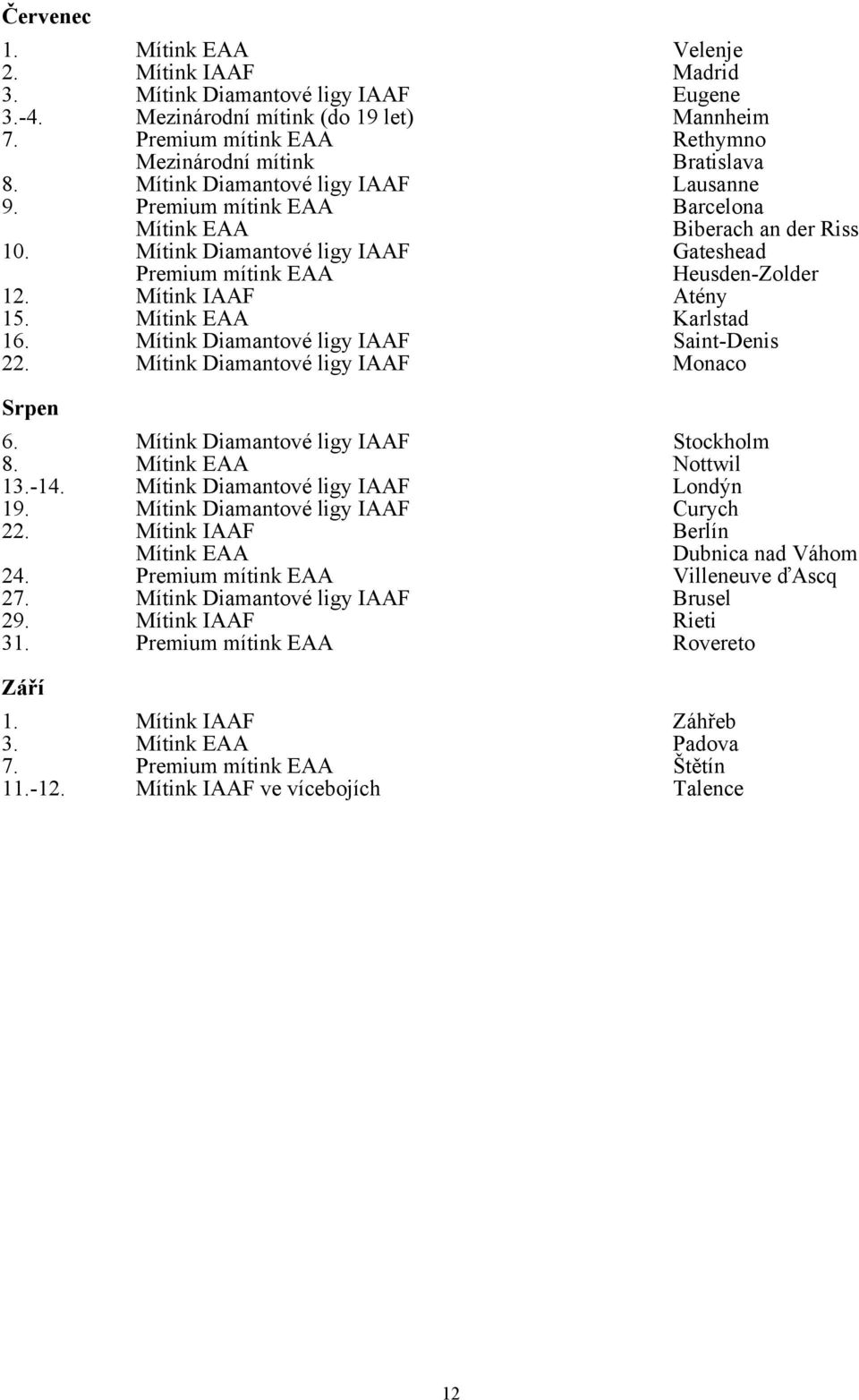 Mítink IAAF Atény 15. Mítink EAA Karlstad 16. Mítink Diamantové ligy IAAF Saint-Denis 22. Mítink Diamantové ligy IAAF Monaco Srpen 6. Mítink Diamantové ligy IAAF Stockholm 8. Mítink EAA Nottwil 13.