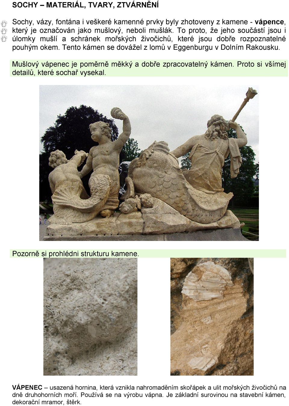 Tento kámen se dovážel z lomů v Eggenburgu v Dolním Rakousku. Mušlový vápenec je poměrně měkký a dobře zpracovatelný kámen. Proto si všímej detailů, které sochař vysekal.