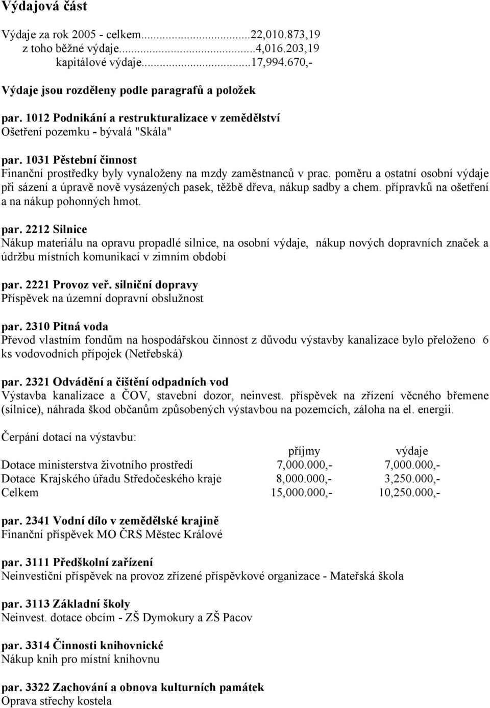 poměru a ostatní osobní výdaje při sázení a úpravě nově vysázených pasek, těžbě dřeva, nákup sadby a chem. přípravků na ošetření a na nákup pohonných hmot. par.