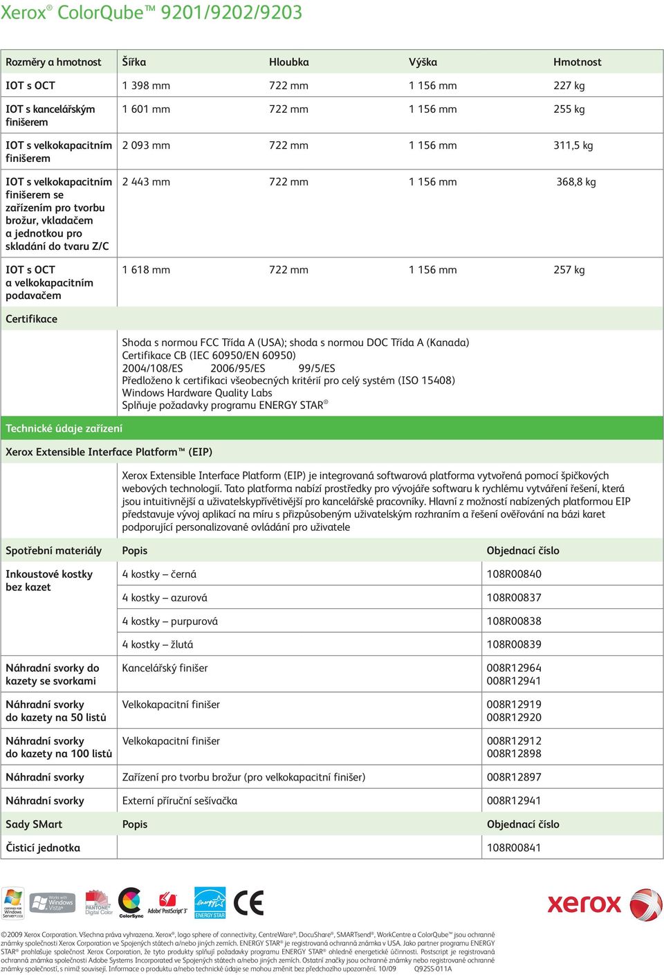 kg 1 618 mm 722 mm 1 156 mm 257 kg Certifikace Technické údaje zařízení Xerox Extensible Interface Platform (EIP) Shoda s normou FCC Třída A (USA); shoda s normou DOC Třída A (Kanada) Certifikace CB