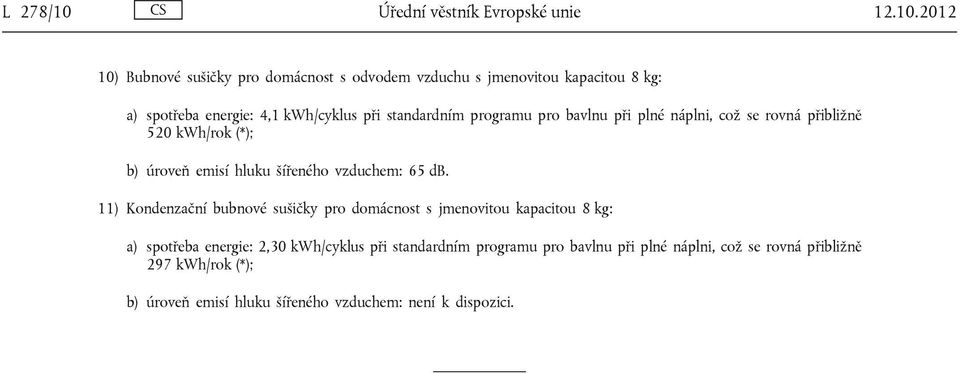 2012 10) Bubnové sušičky pro domácnost s odvodem vzduchu s jmenovitou kapacitou 8 kg: a) spotřeba energie: 4,1 kwh/cyklus při