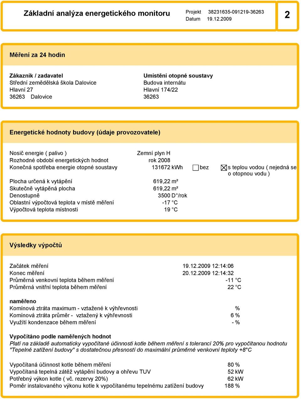 Plocha určená k vytápění 619,22 m² Skutečně vytápěná plocha 619,22 m² Denostupně 3500 D /rok Oblastní výpočtová teplota v místě měření -17 C Výpočtová teplota místnosti 19 C Výsledky výpočtů Začátek