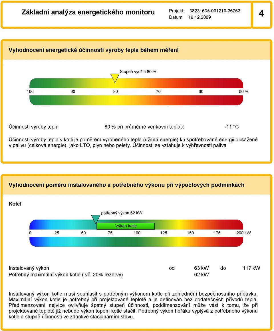 Účinnosti se vztahuje k výhřevnosti paliva Vyhodnocení poměru instalovaného a potřebného výkonu při výpočtových podmínkách Kotel Instalovaný výkon od 63 kw do 117 kw Potřebný maximální výkon kotle (