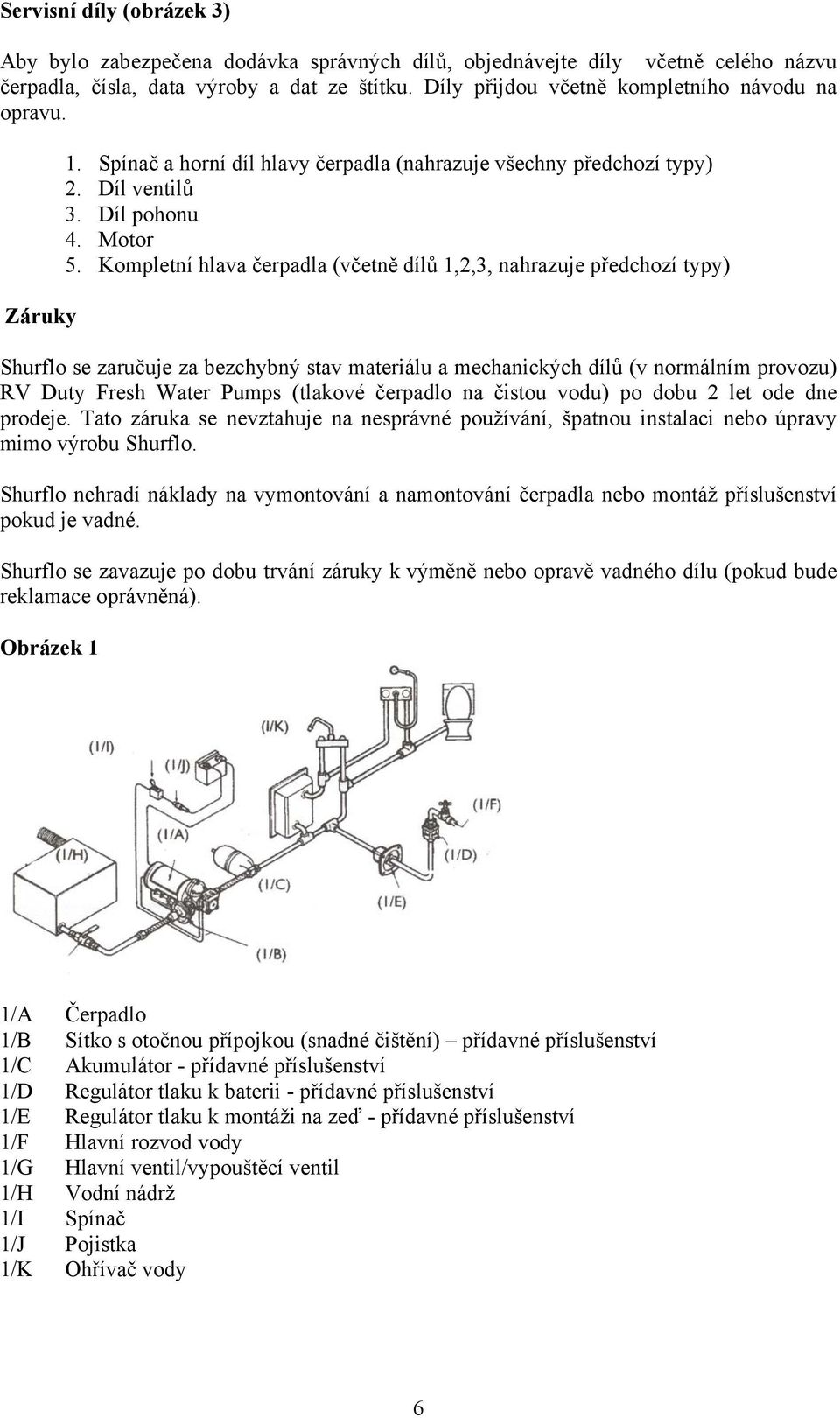 Kompletní hlava čerpadla (včetně dílů 1,2,3, nahrazuje předchozí typy) Shurflo se zaručuje za bezchybný stav materiálu a mechanických dílů (v normálním provozu) RV Duty Fresh Water Pumps (tlakové