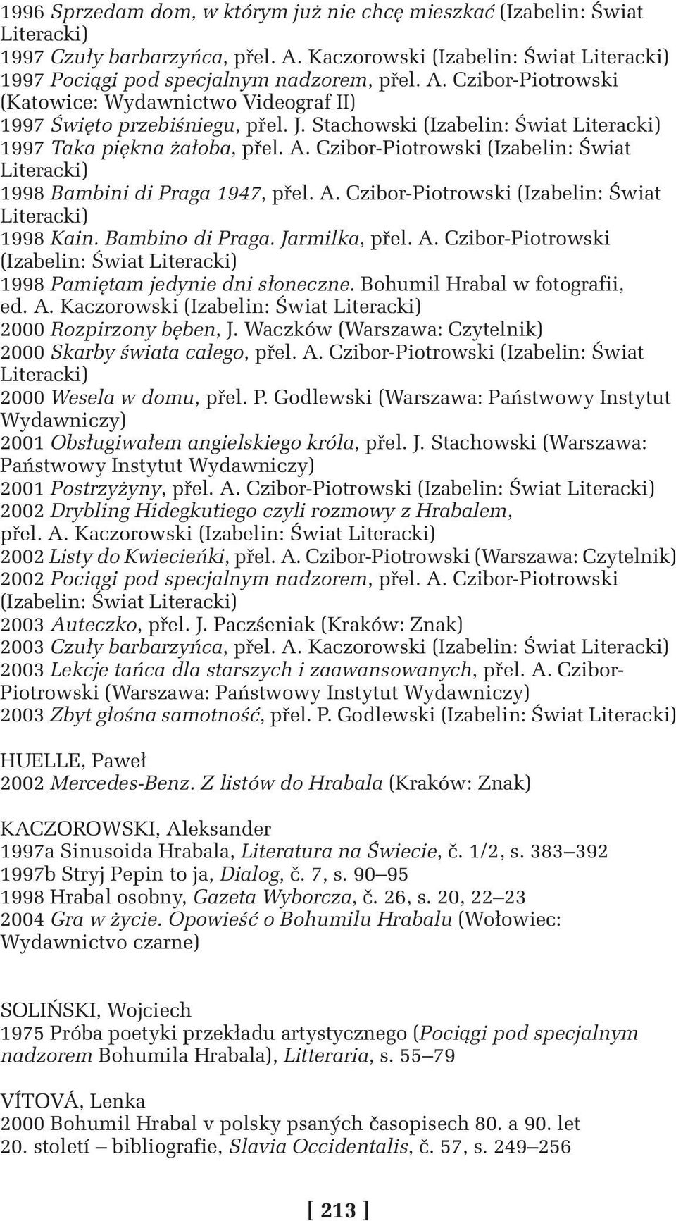 Bambino di Praga. Jarmilka, přel. A. Czibor-Piotrowski (Izabelin: Świat Literacki) 1998 Pamiętam jedynie dni słoneczne. Bohumil Hrabal w fotografii, ed. A. Kaczorowski (Izabelin: Świat Literacki) 2000 Rozpirzony bęben, J.