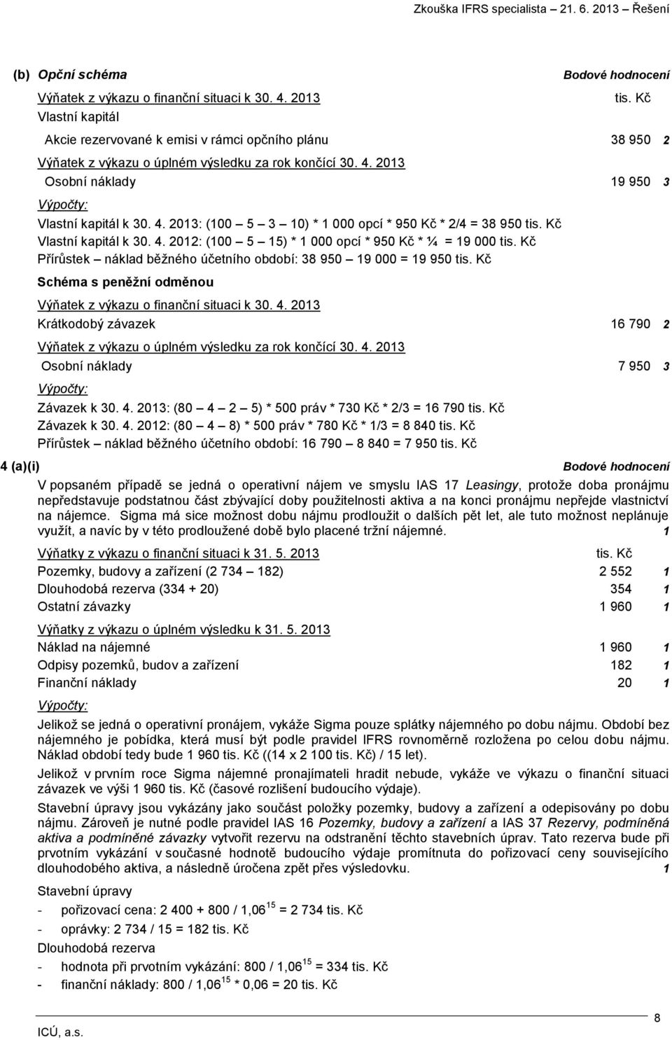 Kč Vlastní kapitál k 30. 4. 2012: (100 5 15) * 1 000 opcí * 950 Kč * ¼ = 19 000 tis. Kč Přírůstek náklad běžného účetního období: 38 950 19 000 = 19 950 tis.