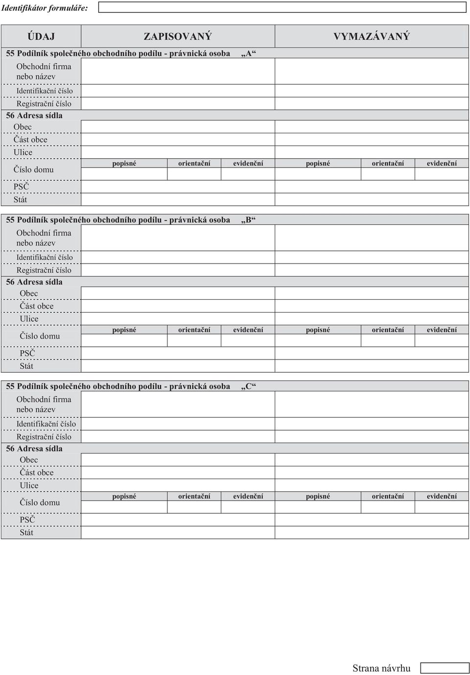 Obchodní firma nebo název Identifikační číslo Registrační číslo 56 Adresa sídla 55 Podílník společného