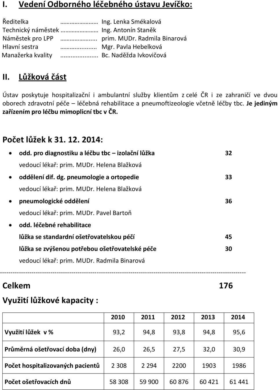 Lůžková část Ústav poskytuje hospitalizační i ambulantní služby klientům z celé ČR i ze zahraničí ve dvou oborech zdravotní péče léčebná rehabilitace a pneumoftizeologie včetně léčby tbc.