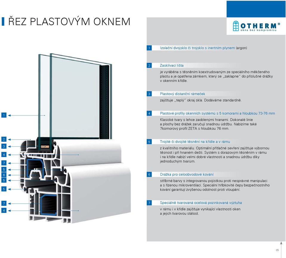 1 4 Plastové profily okenních systémů s 5 komorami a hloubkou 73-76 mm Klasické tvary s lehce zaoblenými hranami. Dokonalé linie a plochy bez drážek zaručují snadnou údržbu.