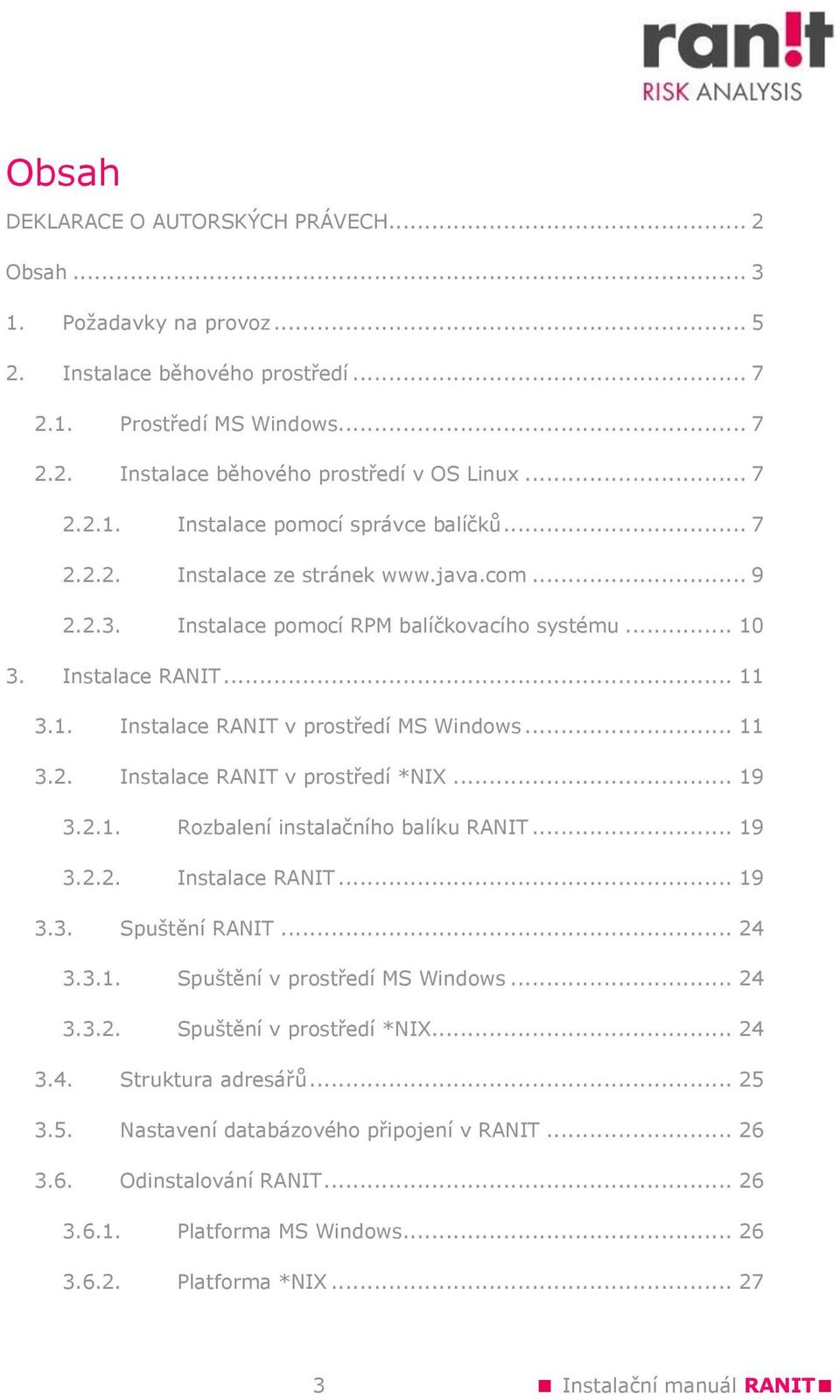 .. 19 3.2.1. Rozbalení instalačního balíku RANIT... 19 3.2.2. Instalace RANIT... 19 3.3. Spuštění RANIT... 24 3.3.1. Spuštění v prostředí MS Windows... 24 3.3.2. Spuštění v prostředí *NIX... 24 3.4. Struktura adresářů.