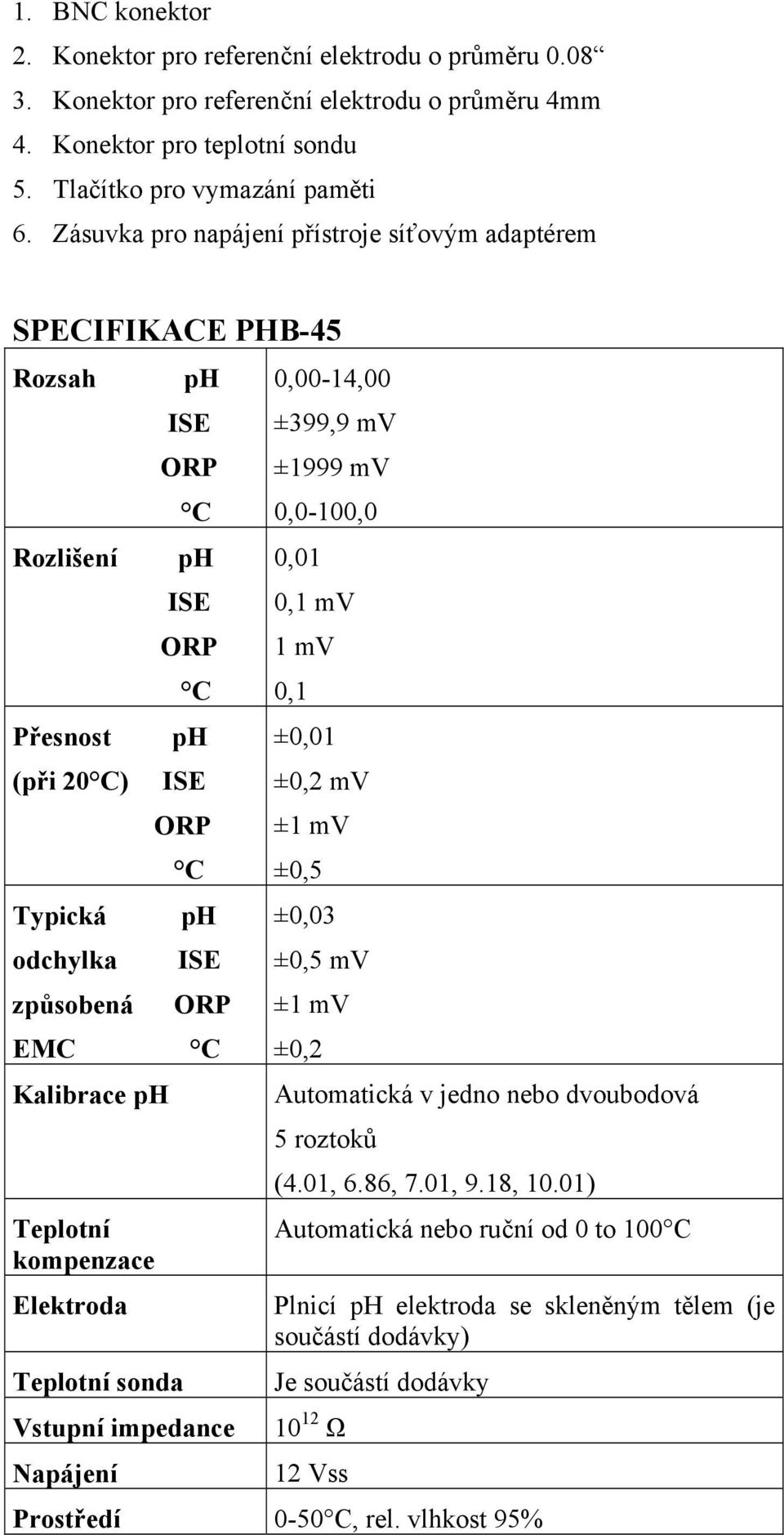 Elektroda Teplotní sonda Vstupní impedance Napájení 0,00-14,00 ±399,9 mv ±1999 mv 0,0-100,0 0,01 0,1 mv 1 mv 0,1 ±0,01 ±0,2 mv ±1 mv ±0,5 ±0,03 ±0,5 mv ±1 mv ±0,2 Automatická v jedno nebo