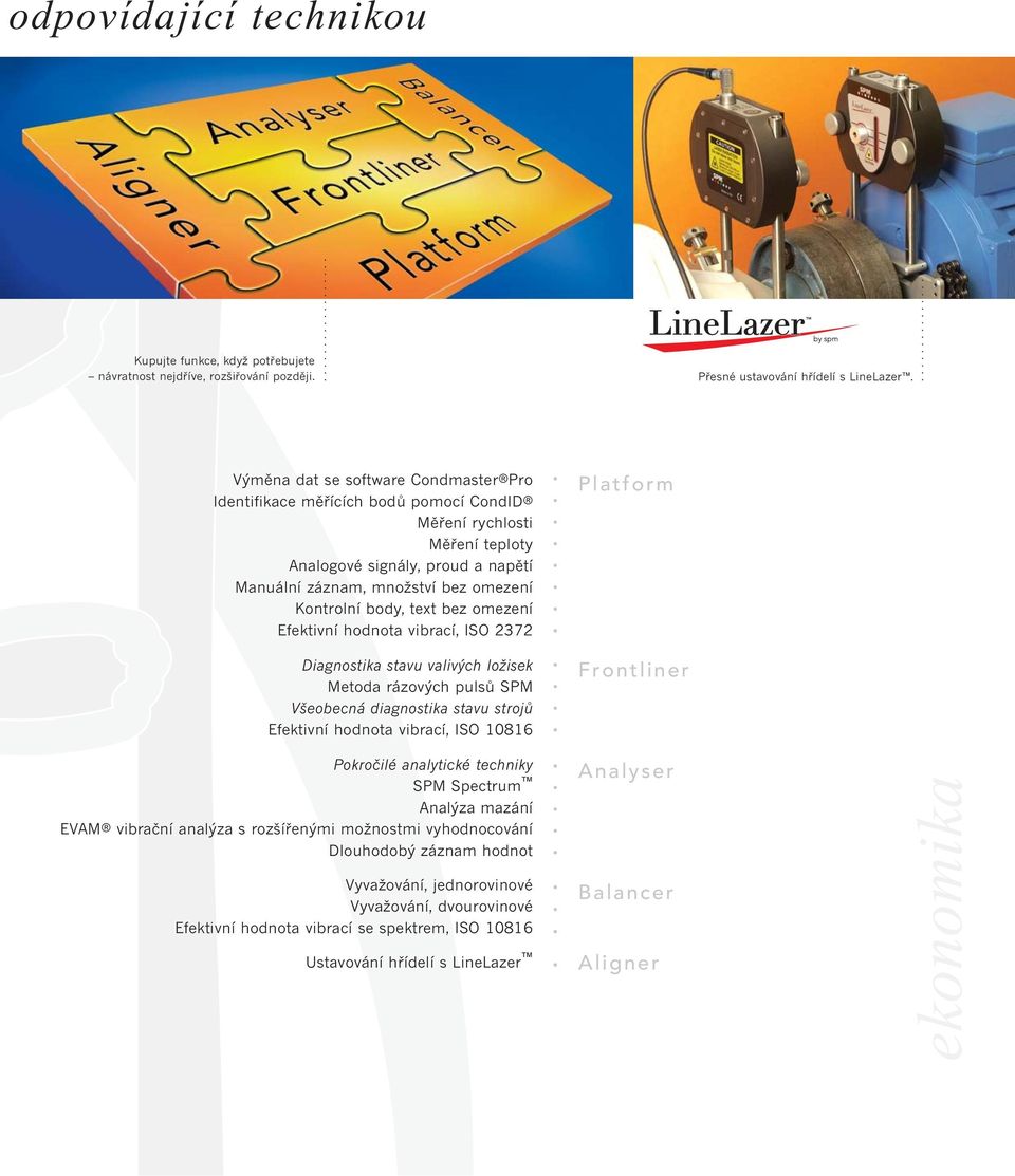 text bez omezení Efektivní hodnota vibrací, ISO 2372 Diagnostika stavu valivých ložisek Metoda rázových pulsů SPM Všeobecná diagnostika stavu strojů Efektivní hodnota vibrací, ISO 10816 Platform