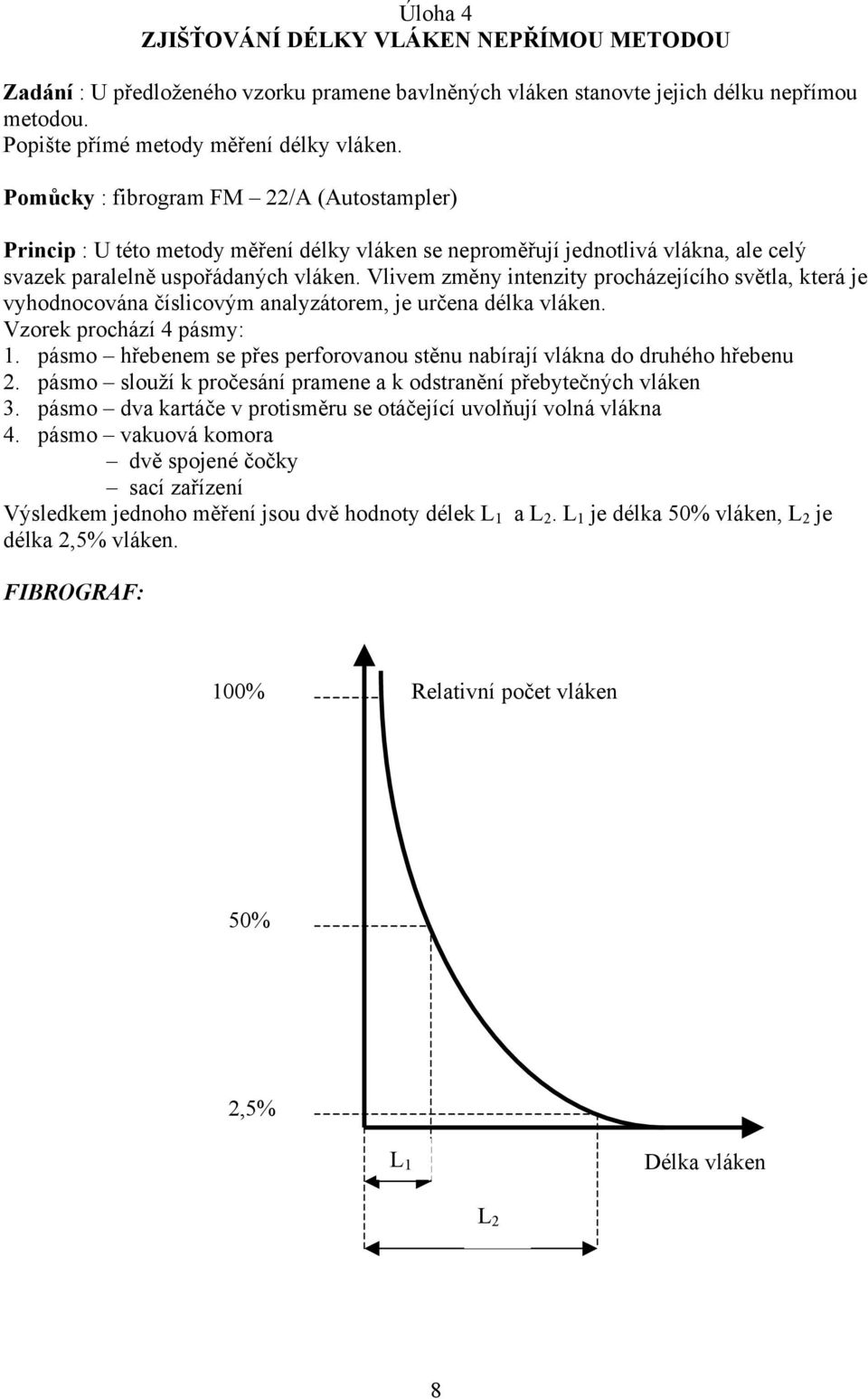 Vlivem změny intenzity procházejícího světla, která je vyhodnocována číslicovým analyzátorem, je určena délka vláken. Vzorek prochází 4 pásmy:.