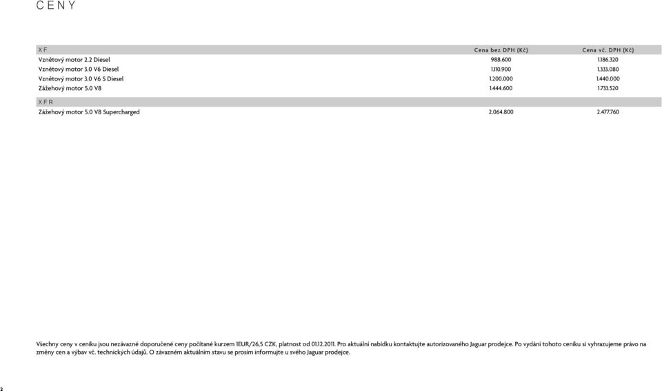 760 Všechny ceny v ceníku jsou nezávazné doporučené ceny počítané kurzem 1EUR/26,5 CZK, platnost od 01.12.2011.