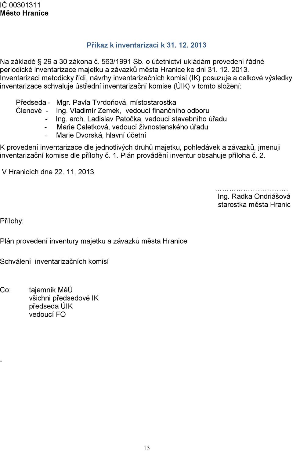 Inventarizaci metodicky řídí, návrhy inventarizačních komisí (IK) posuzuje a celkové výsledky inventarizace schvaluje ústřední inventarizační komise (ÚIK) v tomto složení: Předseda - Mgr.