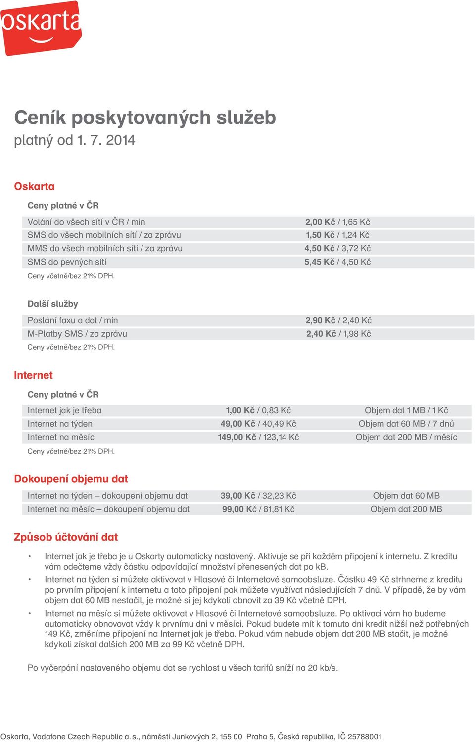 4,50 Kč / 3,72 Kč 5,45 Kč / 4,50 Kč Další služby Poslání faxu a dat / min M-Platby SMS / za zprávu 2,90 Kč / 2,40 Kč 2,40 Kč / 1,98 Kč Internet Ceny platné v ČR Internet jak je třeba 1,00 Kč / 0,83