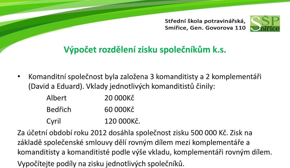 Za účetní období roku 2012 dosáhla společnost zisku 500 000 Kč.