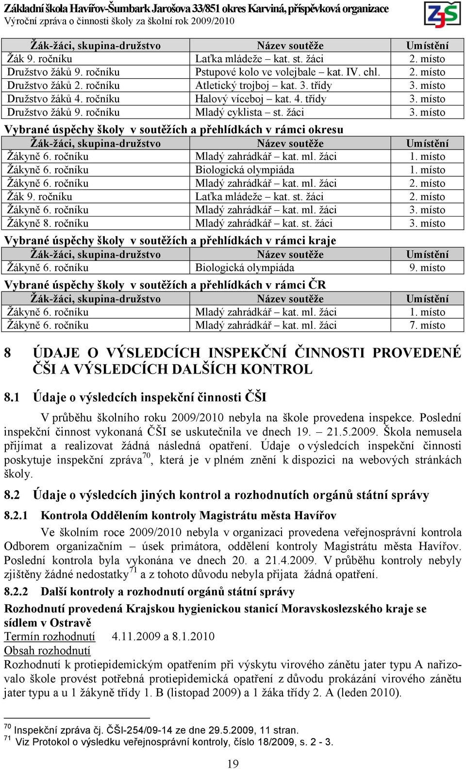 místo Vybrané úspěchy školy v soutěžích a přehlídkách v rámci okresu Žák-žáci, skupina-družstvo Název soutěže Umístění Žákyně 6. ročníku Mladý zahrádkář kat. ml. žáci 1. místo Žákyně 6.