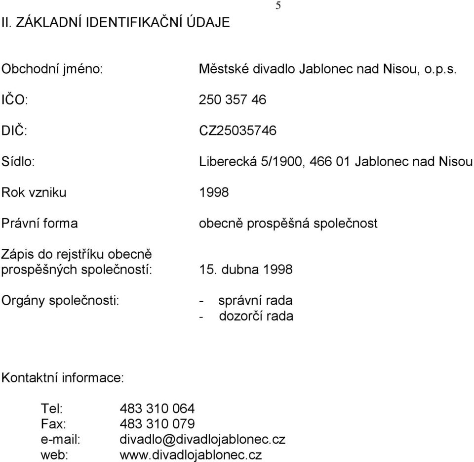 Nisou Rok vzniku 1998 Právní forma obecně prospěšná společnost Zápis do rejstříku obecně prospěšných společností: 15.