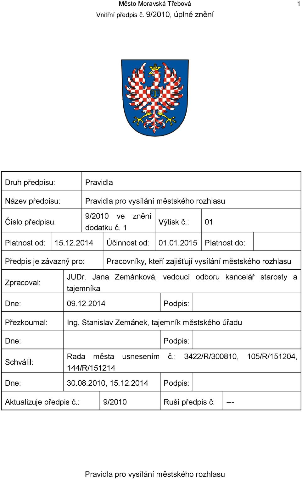 Jana Zemánková, vedoucí odboru kancelář starosty a tajemníka Dne: 09.12.2014 Podpis: Přezkoumal: Dne: Schválil: Ing.