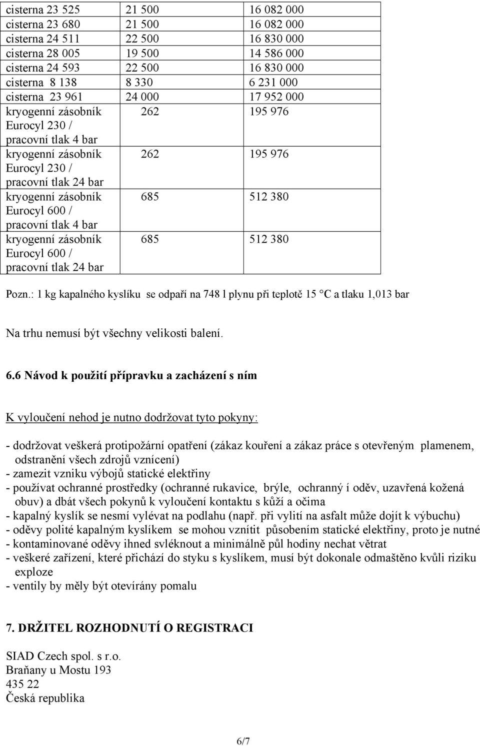 Eurocyl 600 / pracovní tlak 4 bar kryogenní zásobník Eurocyl 600 / pracovní tlak 24 bar 685 512 380 Pozn.