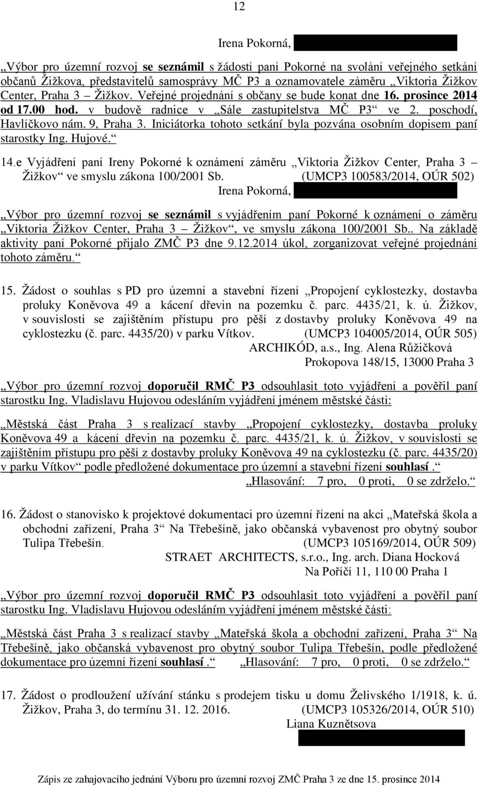 Iniciátorka tohoto setkání byla pozvána osobním dopisem paní starostky Ing. Hujové. 14.