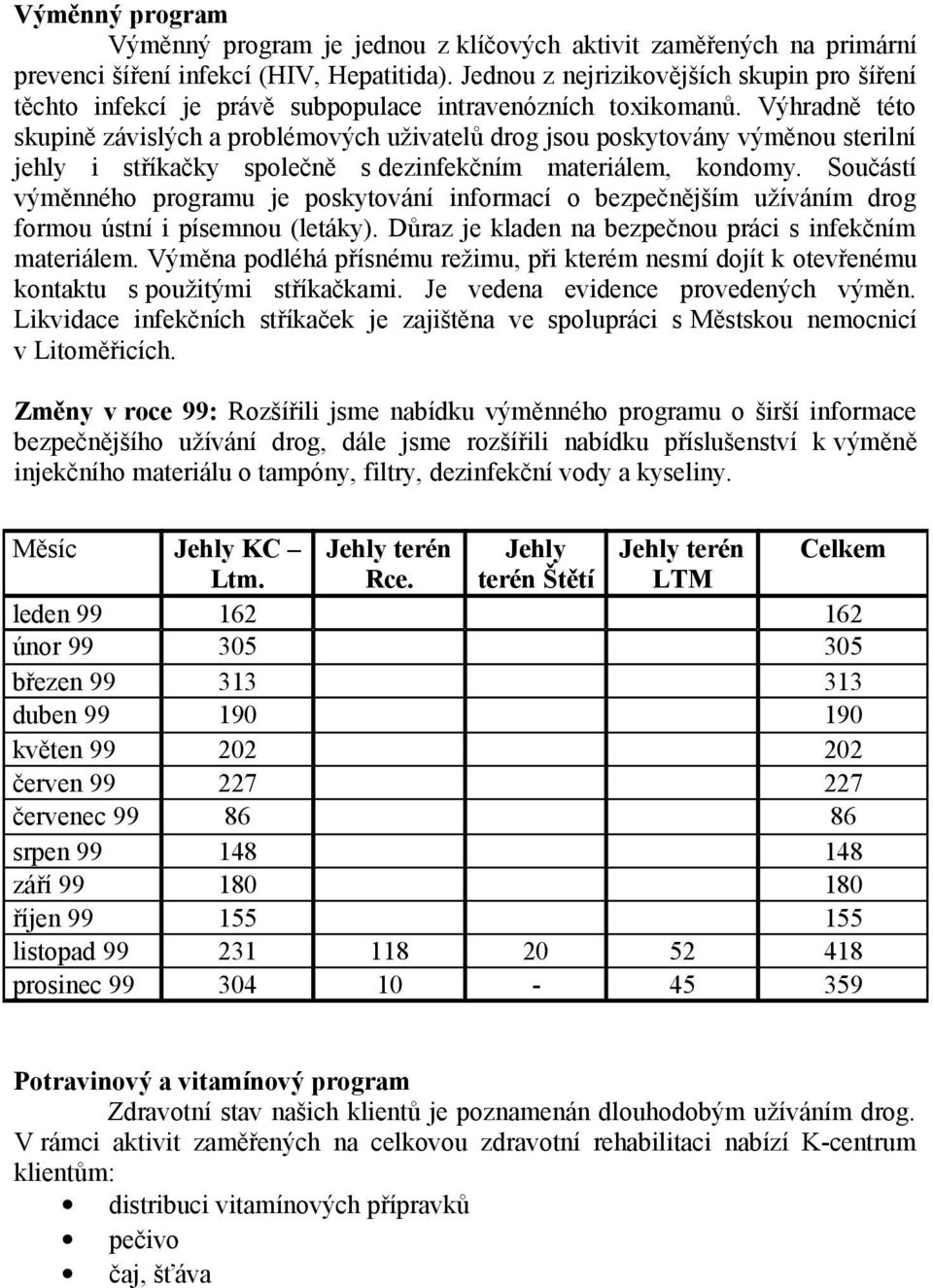 Výhradně této skupině závislých a problémových uživatelů drog jsou poskytovány výměnou sterilní jehly i stříkačky společně s dezinfekčním materiálem, kondomy.