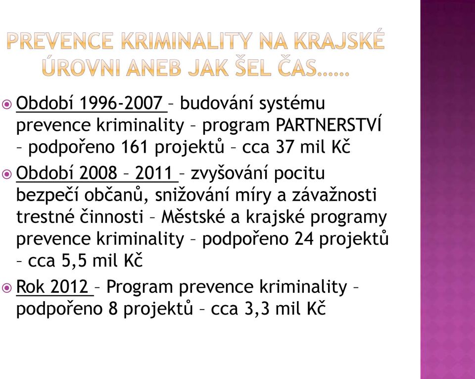 závažnosti trestné činnosti Městské a krajské programy prevence kriminality podpořeno 24