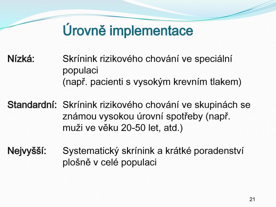 pacienti s vysokým krevním tlakem) Standardní: Skrínink rizikového chování ve