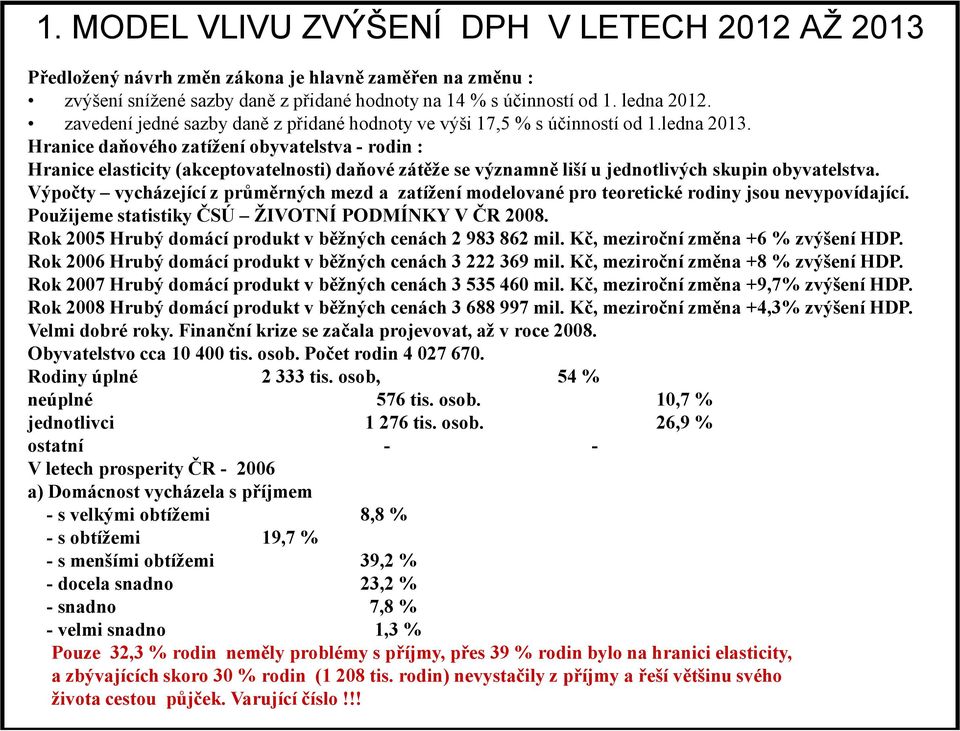 Hranice daňového zatížení obyvatelstva - rodin : Hranice elasticity (akceptovatelnosti) daňové zátěže se významně liší u jednotlivých skupin obyvatelstva.