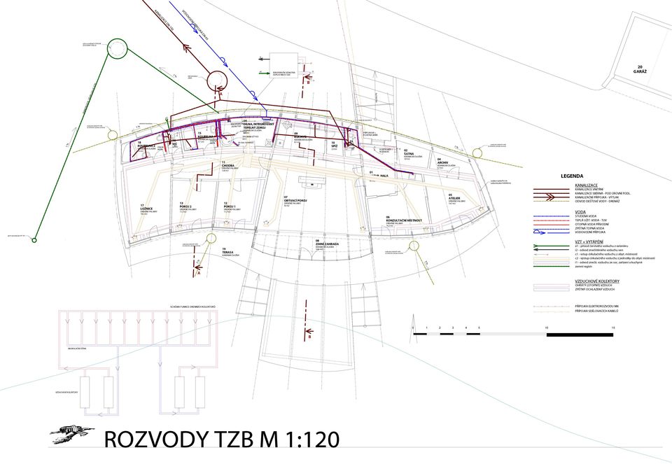 5 m2 17 LOŽNICE 19,2 m2 e1 1 % PŘEČERPÁVCÍ JÍMK 13 POKOJ 2 11,7 m2 vodoměrná 14 c1 sestava DÍLN, INTEGROVNÝ TEPELNÝ ZDROJ i1 i1 podlahová vpust 15 9,8 m2 09 i1 i1 KOUPELN 1 KUCHYŇ 925 l 16 i1 5.