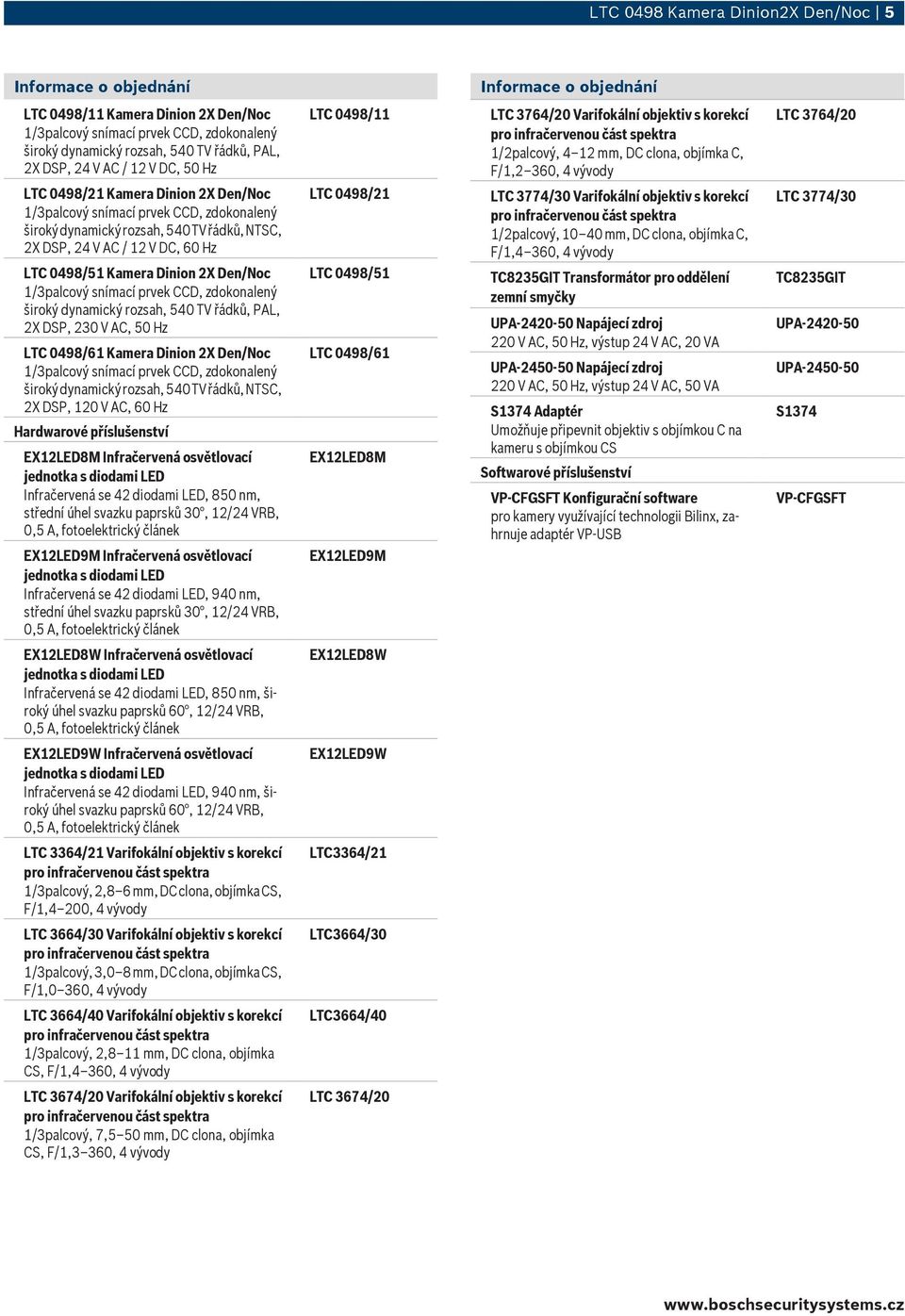 230 V AC, 50 Hz LTC 0498/61 Kamera Dinion 2X Den/Noc široký dynamický rozsah, 540 TV řádků, NTSC, 2X DSP, 120 V AC, 60 Hz Hardwarové příslušenství EX12LED8M Infračervená osvětlovací Infračervená se