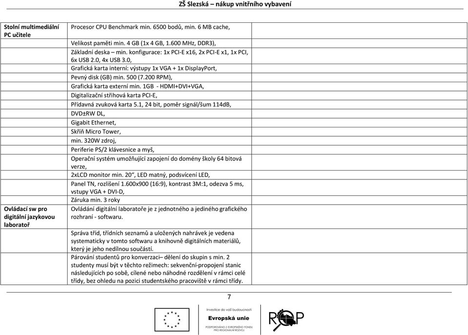 200 RPM), Grafická karta externí min. 1GB - HDMI+DVI+VGA, Digitalizační střihová karta PCI-E, Přídavná zvuková karta 5.