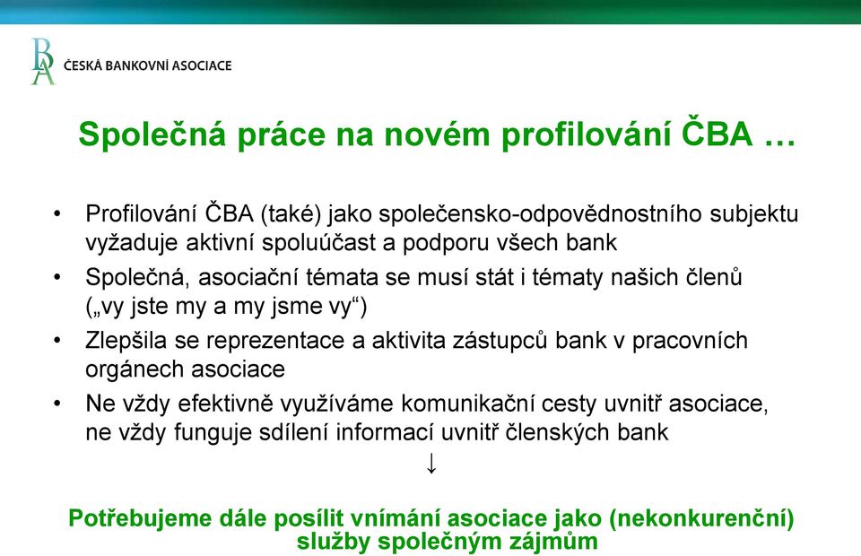 reprezentace a aktivita zástupců bank v pracovních orgánech asociace Ne vždy efektivně využíváme komunikační cesty uvnitř asociace,