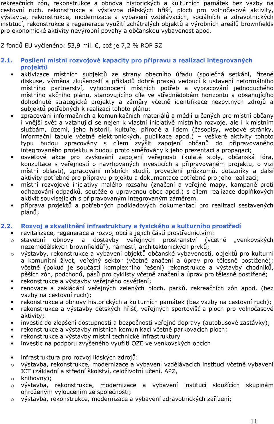 povahy a občanskou vybavenost apod. Z fondů EU vyčleněno: 53,9 mil., což je 7,2 % ROP SZ 2.1.