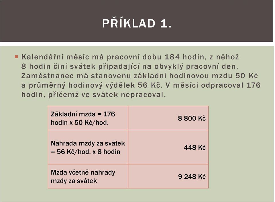 pracovní den. Zaměstnanec má stanovenu základní hodinovou mzdu 50 Kč a průměrný hodinový výdělek 56 Kč.