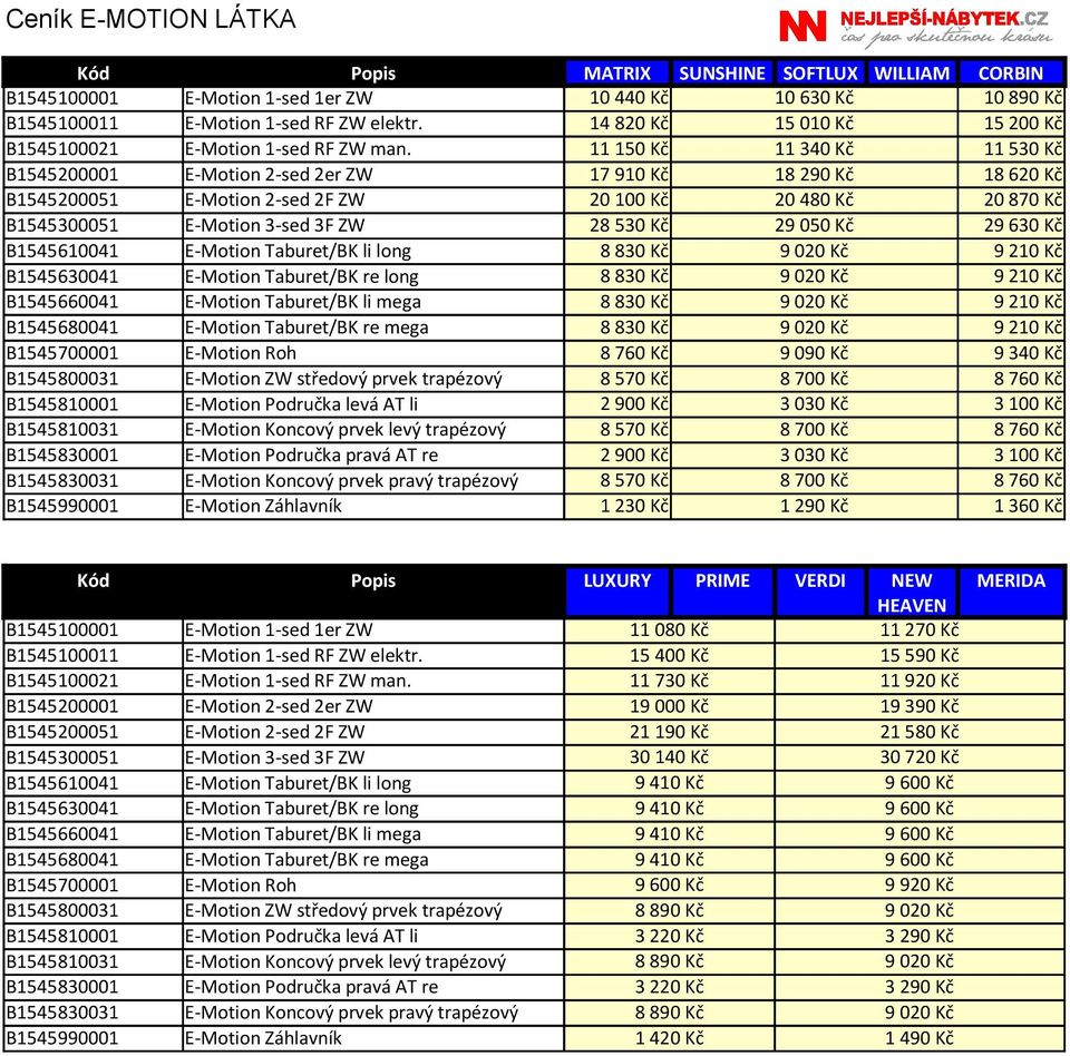 11 150 Kč 11 340 Kč 11 530 Kč B1545200001 E-Motion 2-sed 2er ZW 17 910 Kč 18 290 Kč 18 620 Kč B1545200051 E-Motion 2-sed 2F ZW 20 100 Kč 20 480 Kč 20 870 Kč B1545300051 E-Motion 3-sed 3F ZW 28 530 Kč