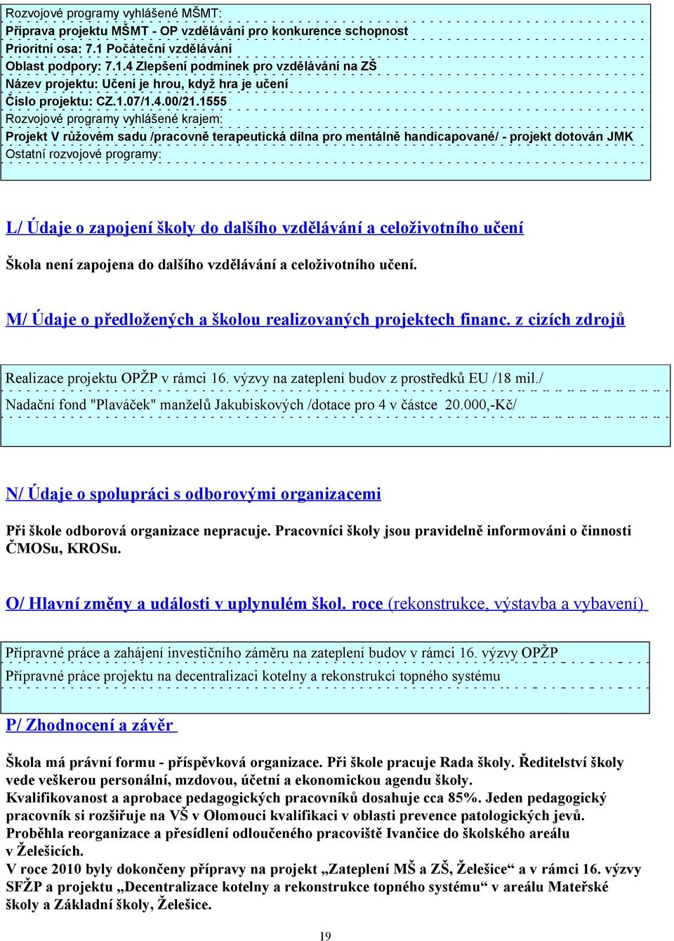 4./.555 Rozvojové programy vyhlášené krajem: Projekt V růžovém sadu /pracovně terapeutická dílna pro mentálně handicapované/ - projekt dotován JMK Ostatní rozvojové programy: L/ Údaje o zapojení