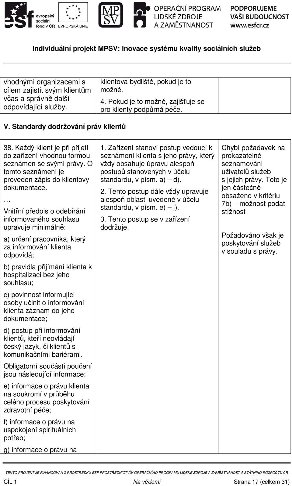 Vnitřní předpis o odebírání informovaného souhlasu upravuje minimálně: a) určení pracovníka, který za informování klienta odpovídá; b) pravidla přijímání klienta k hospitalizaci bez jeho souhlasu; c)