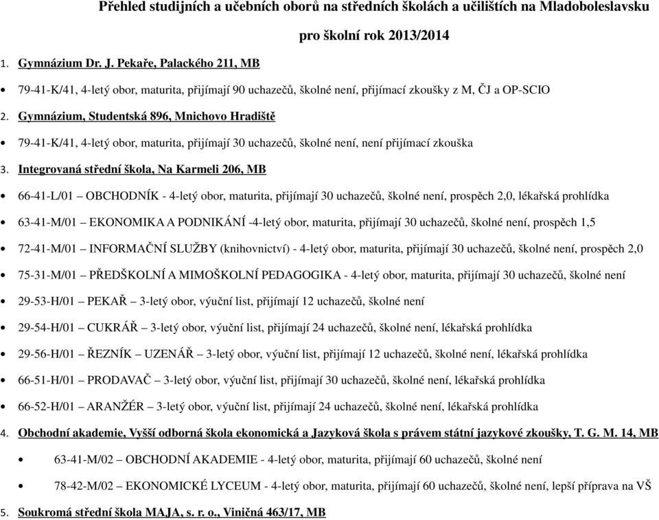 Gymnázium, Studentská 896, Mnichovo Hradiště 79-41-K/41, 4-letý obor, maturita, přijímají 30 uchazečů, školné není, není přijímací zkouška 3.