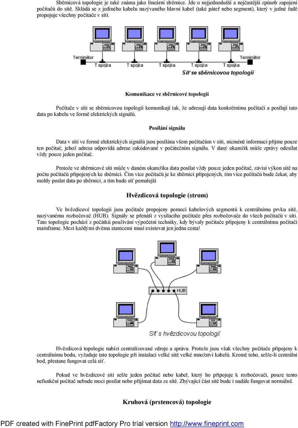Komunikace ve sběrnicové topologii Počítače v síti se sběrnicovou topologií komunikují tak, že adresují data konkrétnímu počítači a posílají tato data po kabelu ve formě elektrických signálů.