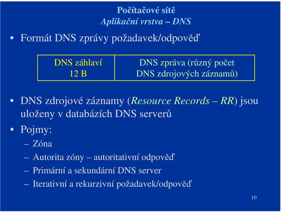 Records RR) jsou uloženy v databázích DNS serverů Pojmy: Zóna Autorita zóny