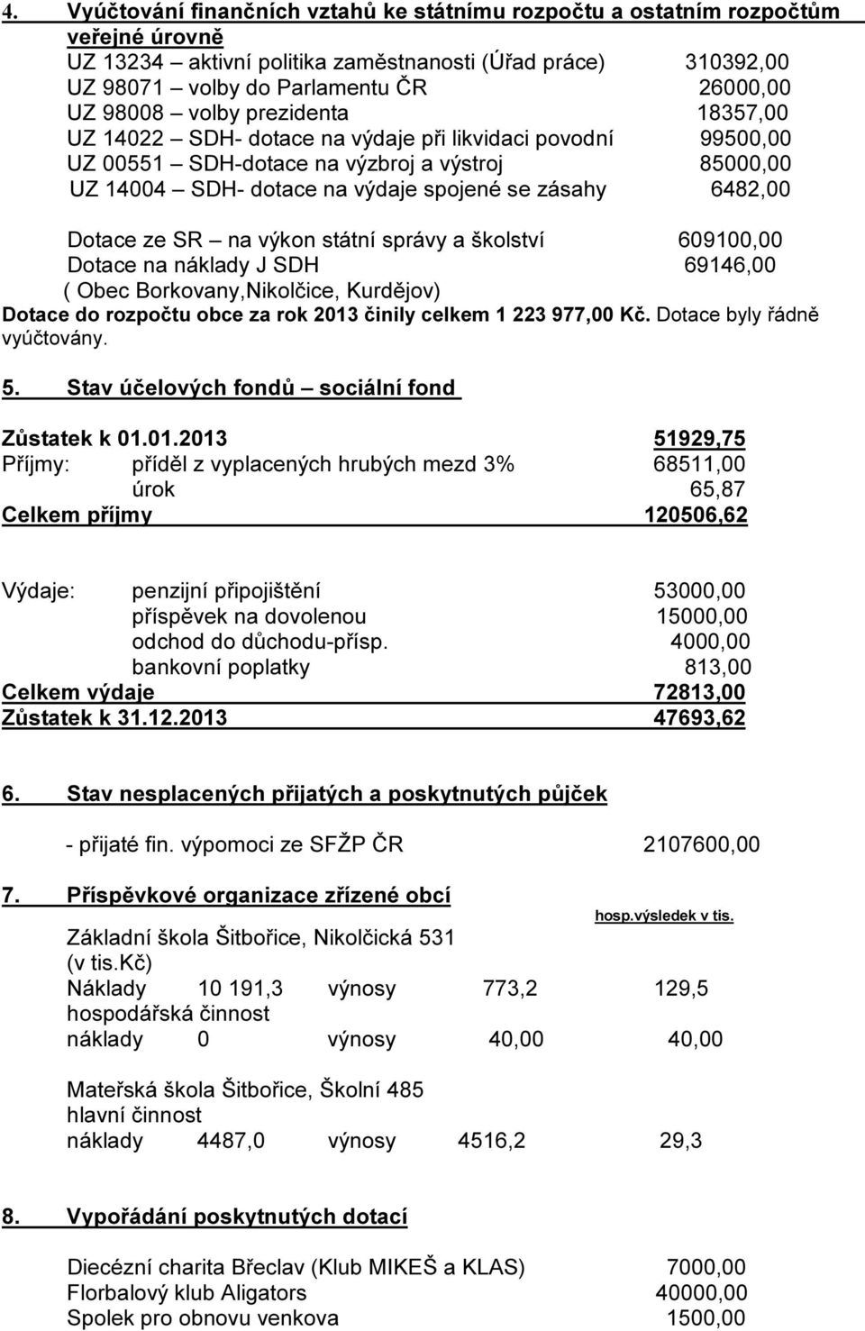 6482,00 Dotace ze SR na výkon státní správy a školství 609100,00 Dotace na náklady J SDH 69146,00 ( Obec Borkovany,Nikolčice, Kurdějov) Dotace do rozpočtu obce za rok 2013 činily celkem 1 223 977,00