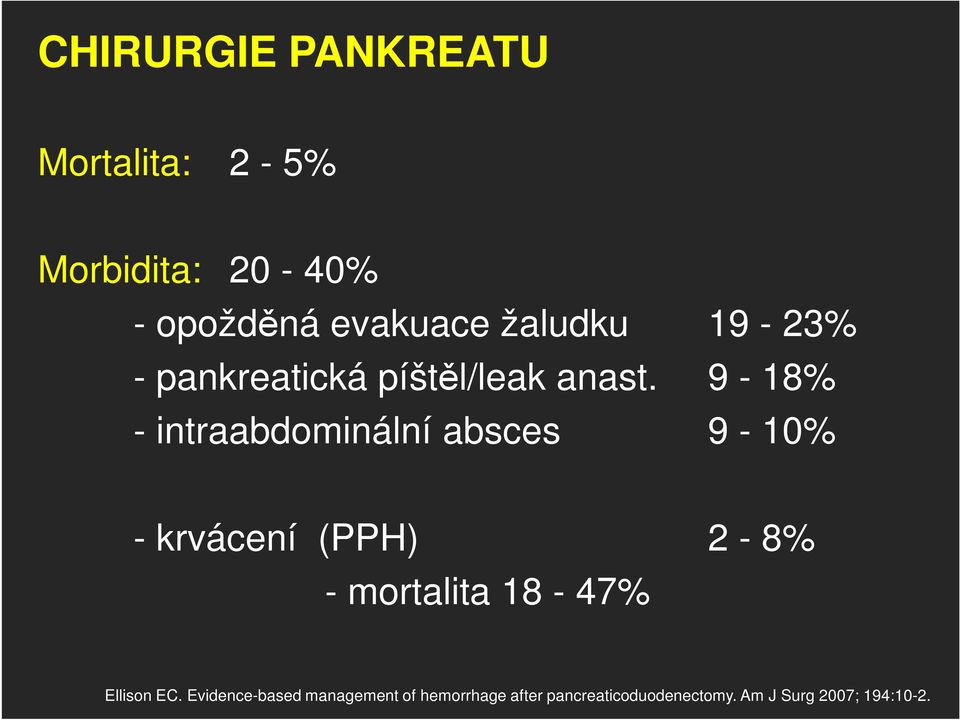 9-18% - intraabdominální absces 9-10% - krvácení (PPH) 2-8% - mortalita