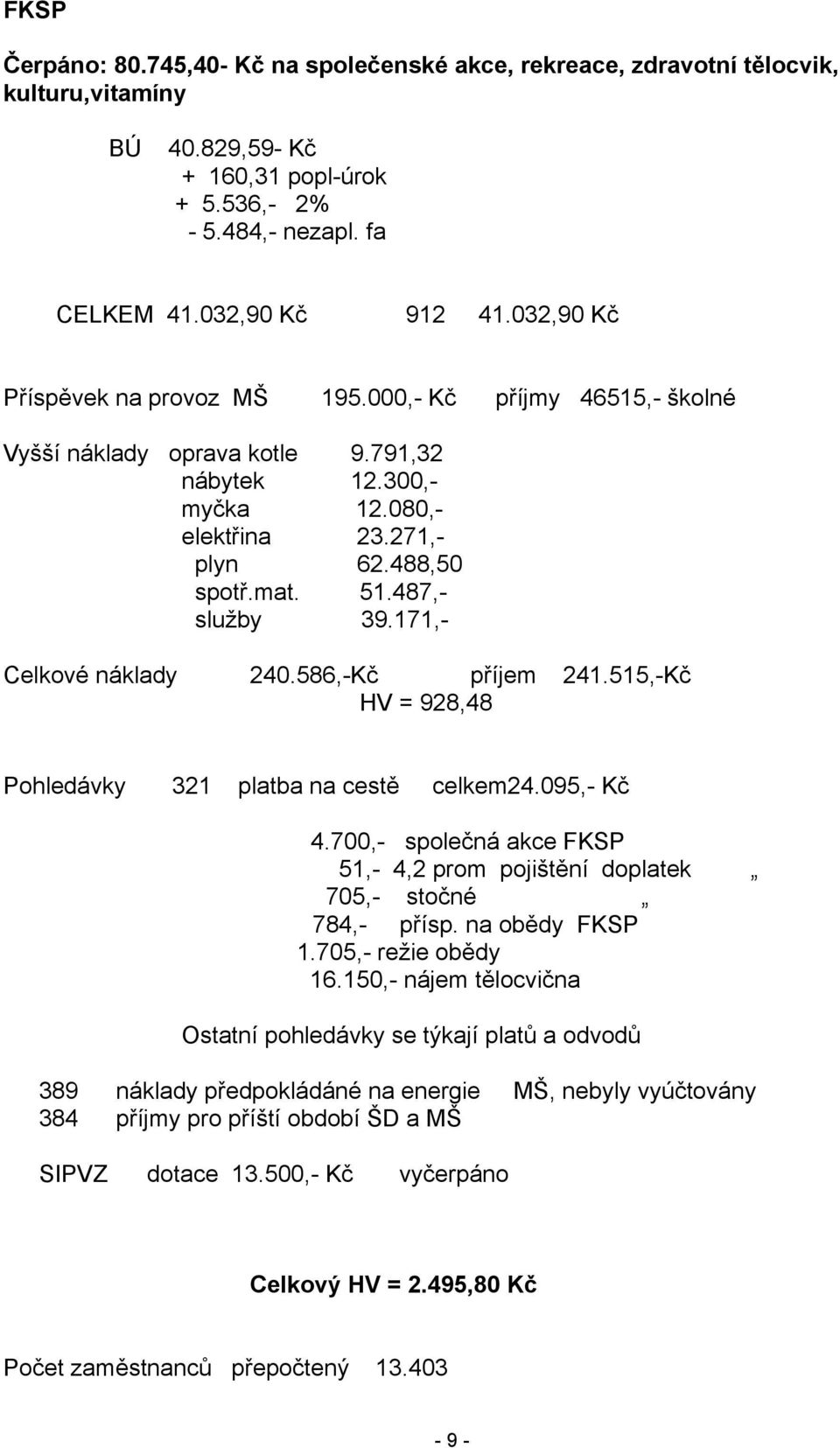 171,- Celkové náklady 240.586,-Kč příjem 241.515,-Kč HV = 928,48 Pohledávky 321 platba na cestě celkem24.095,- Kč 4.700,- společná akce FKSP 51,- 4,2 prom pojištění doplatek 705,- stočné 784,- přísp.