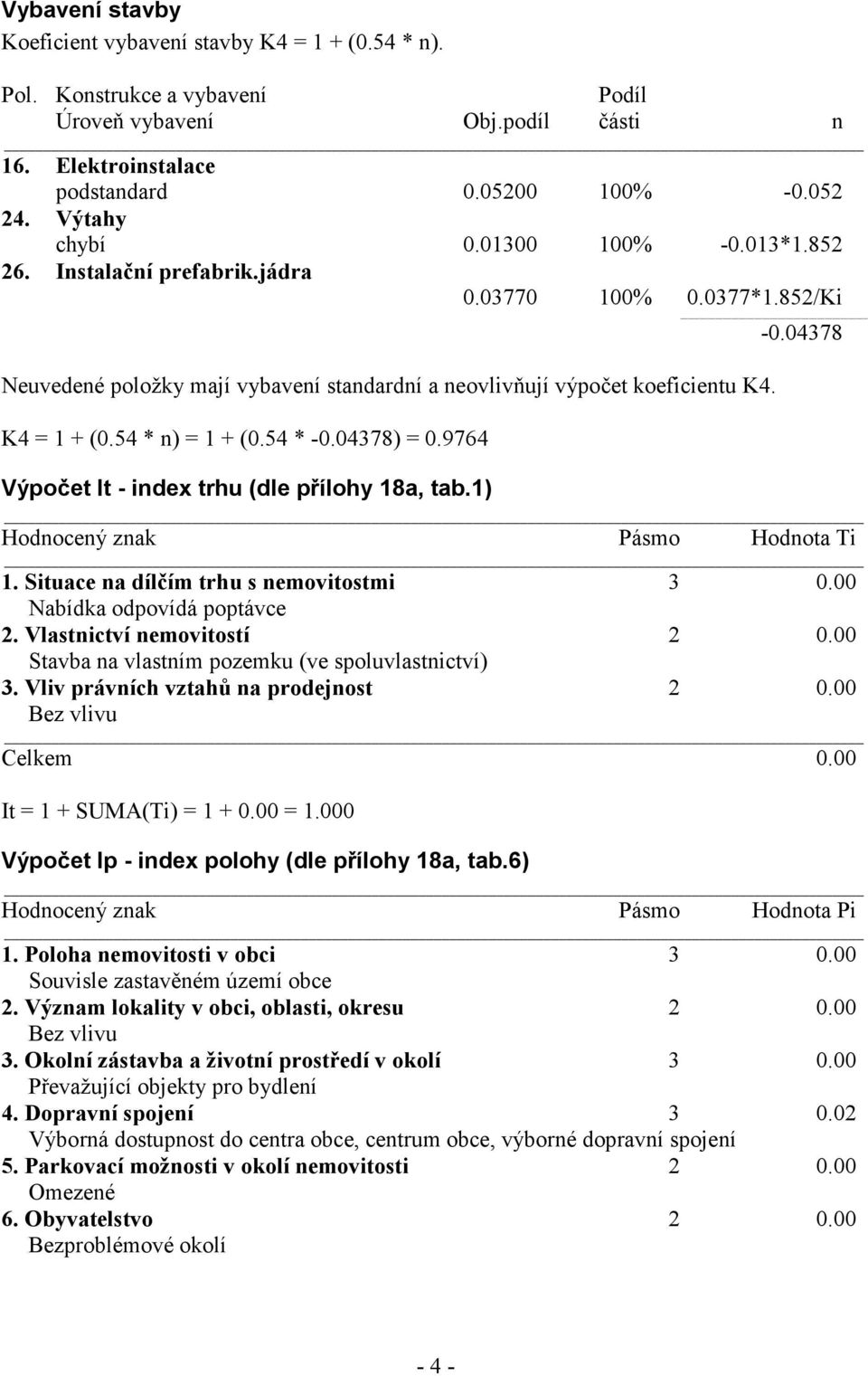 K4 = 1 + (0.54 * n) = 1 + (0.54 * -0.04378) = 0.9764 Výpočet It - index trhu (dle přílohy 18a, tab.1) Hodnocený znak Pásmo Hodnota Ti 1. Situace na dílčím trhu s nemovitostmi 3 0.