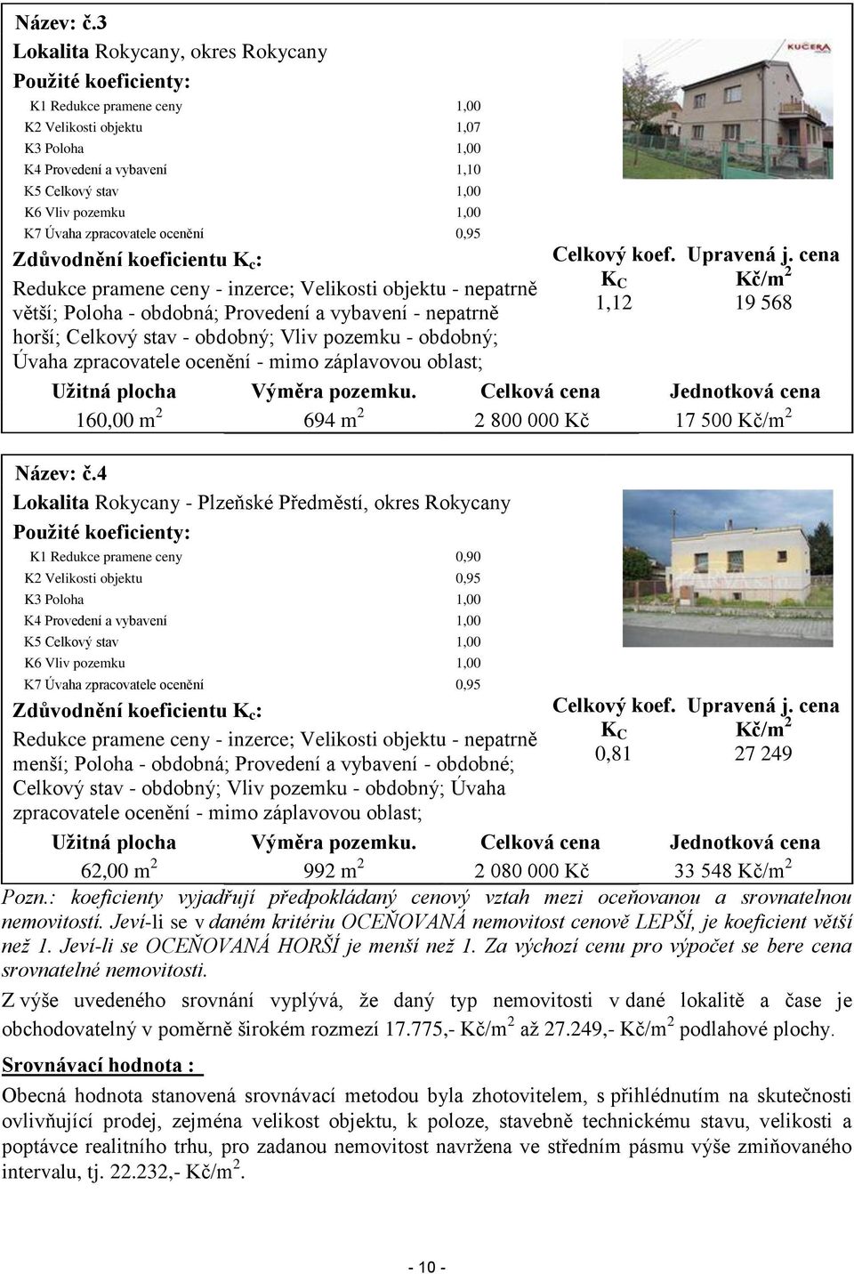 K7 Úvaha zpracovatele ocenění 0,95 Zdůvodnění koeficientu K c : Redukce pramene ceny - inzerce; Velikosti objektu - nepatrně větší; Poloha - obdobná; Provedení a vybavení - nepatrně horší; Celkový